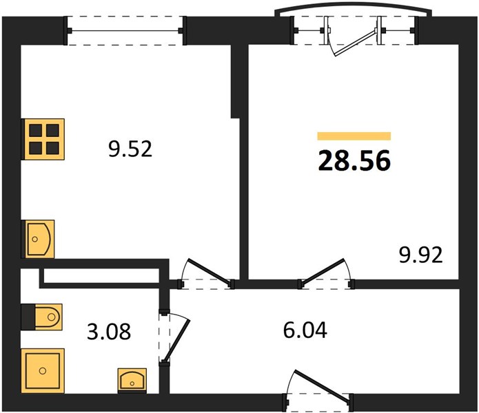 1-комнатная, 28,56 м² — планировка