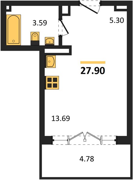 1-комнатная, 27,9 м² — планировка