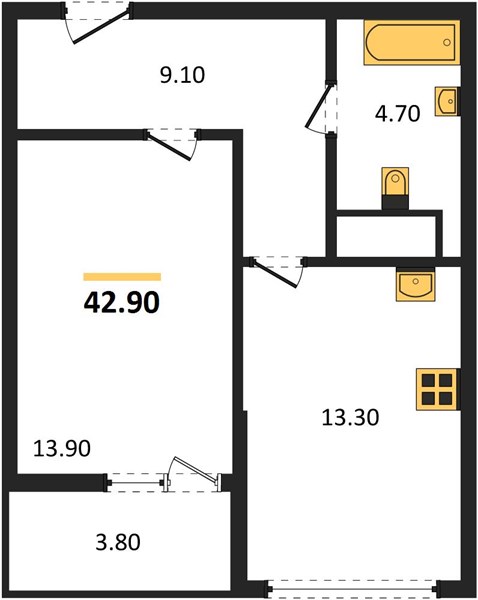 1-комнатная, 42,9 м² — планировка
