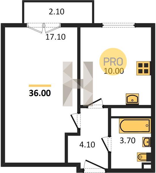 1-комнатная 36 м2 в ЖК ЖК «А14» корпус null этаж 3