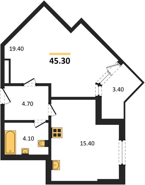 1-комнатная, 45,3 м² — планировка