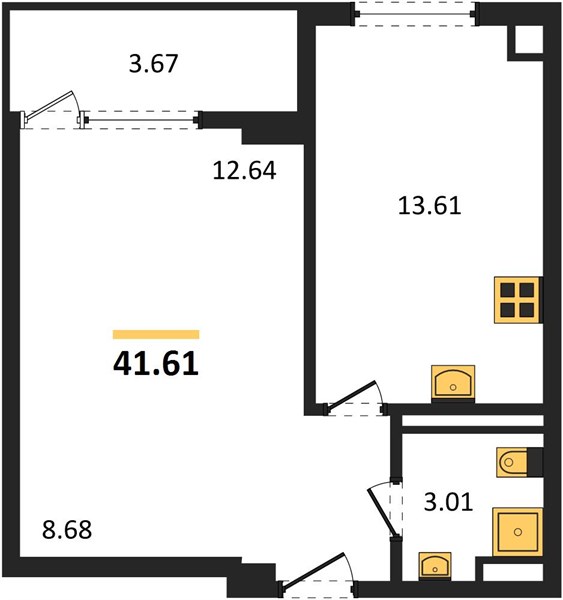 1-комнатная, 41,61 м² — планировка