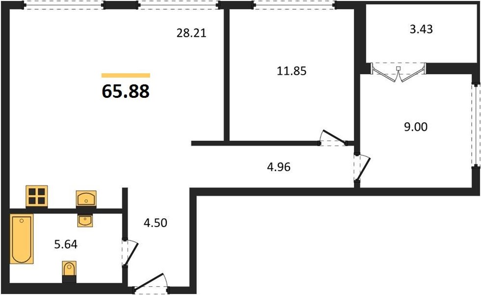 2-комнатная, 65,88 м² — планировка