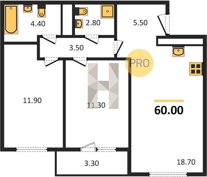 2-комнатная 60 м2 в ЖК Холмогоровский 4 корпус null этаж 8