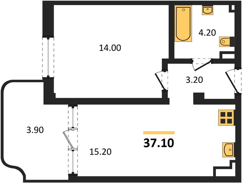 1-комнатная, 37,1 м² — планировка