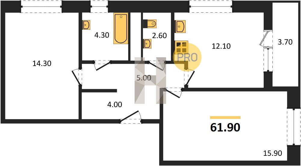 2-комнатная 61.9 м2 в ЖК Новый восход корпус null этаж 5