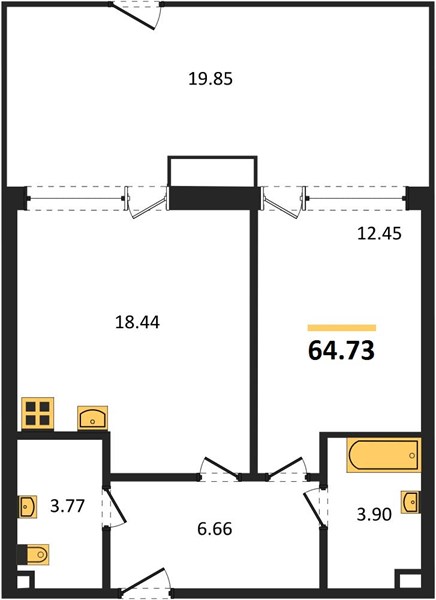 1-комнатная, 64,73 м² — планировка