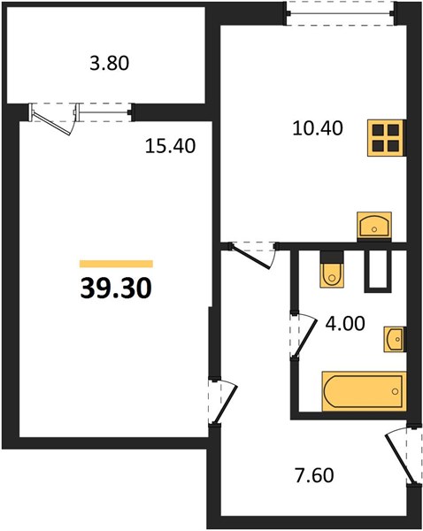1-комнатная, 39,3 м² — планировка