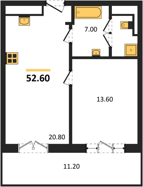 1-комнатная, 52,6 м² — планировка