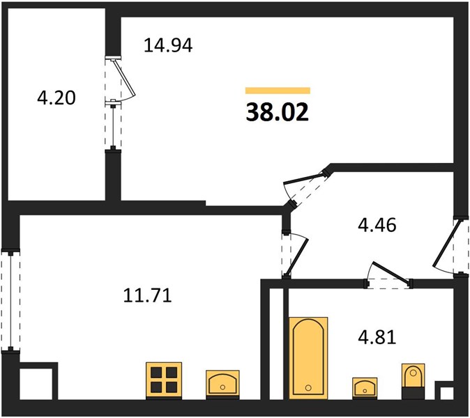 1-комнатная, 38,02 м² — планировка