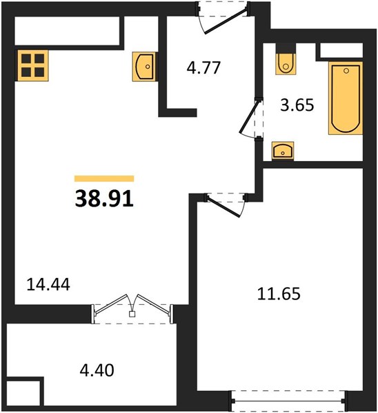 1-комнатная, 38,91 м² — планировка