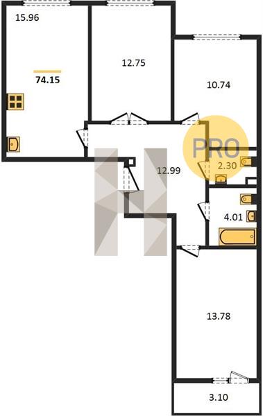 3-комнатная 74.2 м2 в ЖК ЖК «РИО» корпус null этаж 10