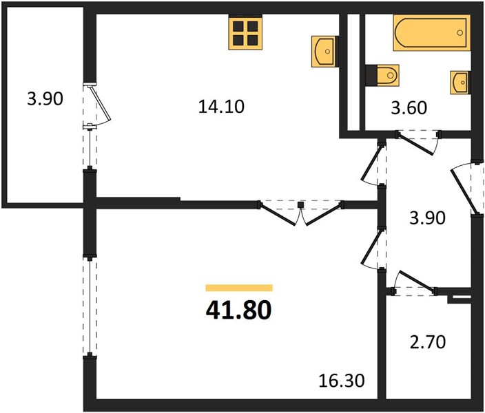 1-комнатная, 41,8 м² — планировка