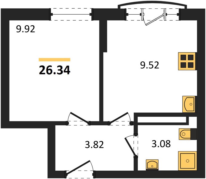 1-комнатная, 26,34 м² — планировка