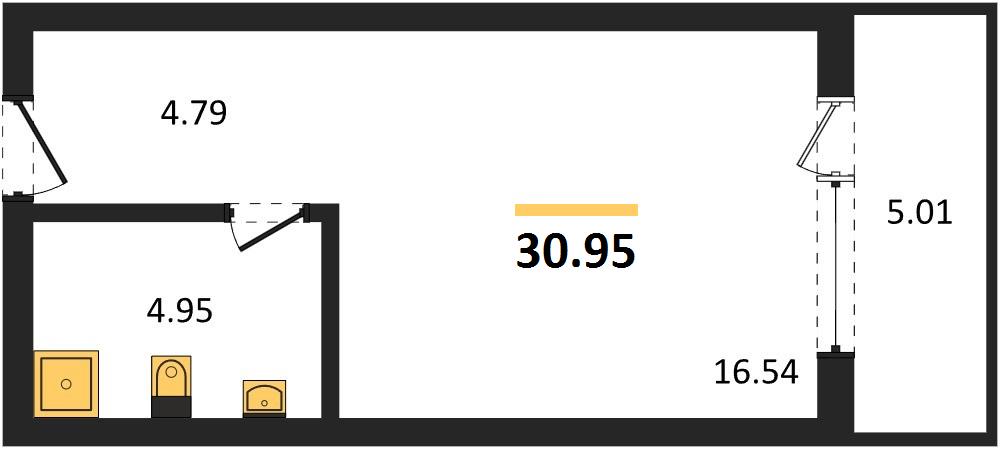 1-комнатная, 30,95 м² — планировка