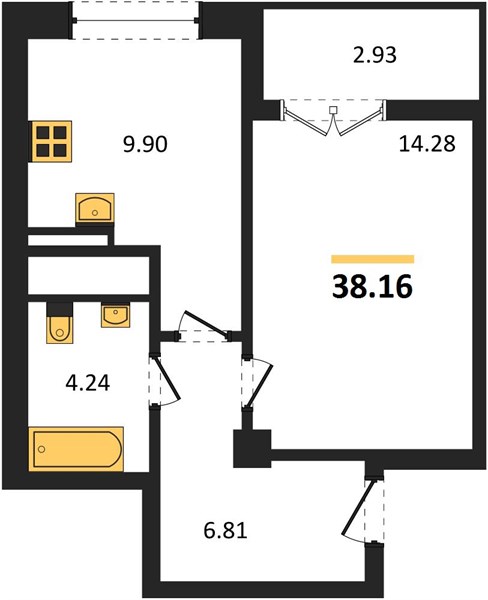 1-комнатная, 38,16 м² — планировка