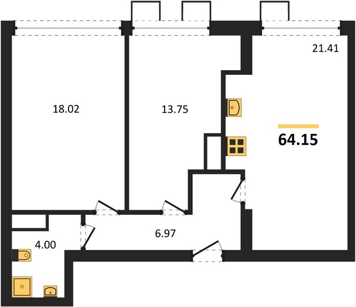 2-комнатная, 64,15 м² — планировка