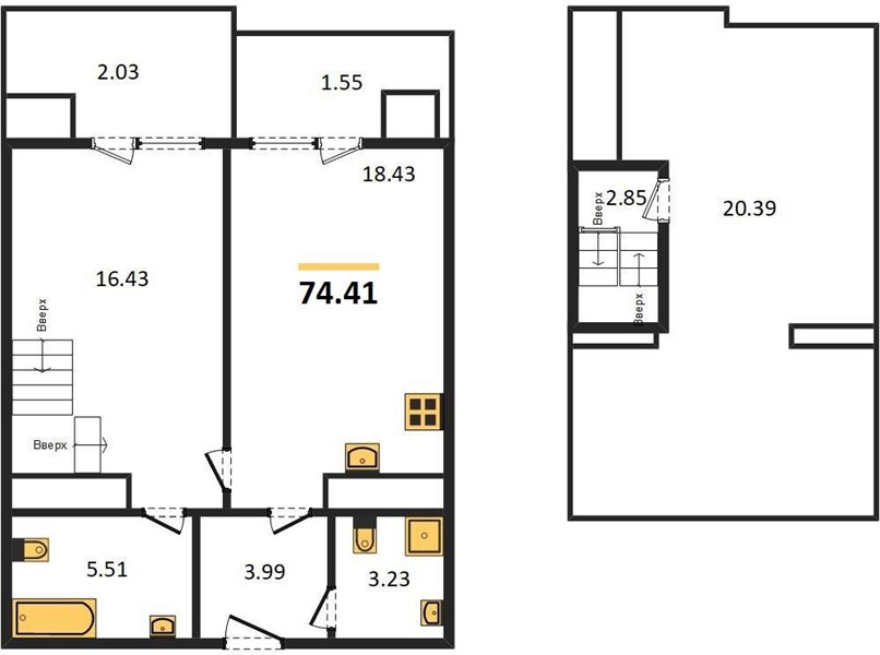 1-комнатная, 74,41 м² — планировка