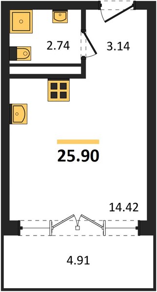 1-комнатная, 25,9 м² — планировка