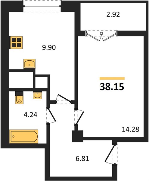 1-комнатная, 38,15 м² — планировка
