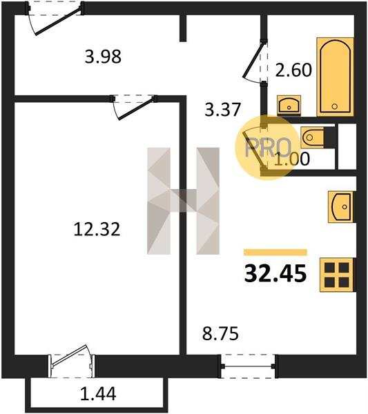 1-комнатная 32.4 м2 в ЖК ЖК «НИКС Лайн на Блюхера» корпус null этаж 8