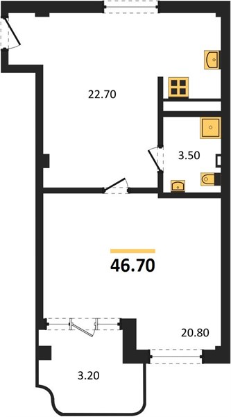 1-комнатная, 46,7 м² — планировка