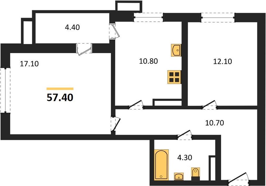 2-комнатная, 57,4 м² — планировка