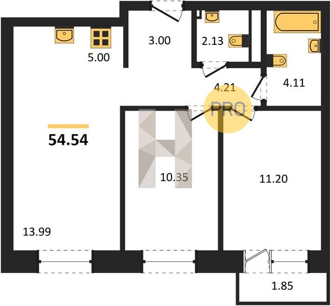 2-комнатная 54.5 м2 в ЖК Арден на Ключевом корпус null этаж 3