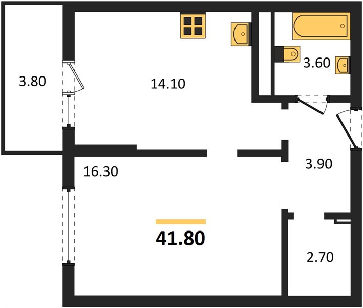 1-комнатная, 41,8 м² — планировка