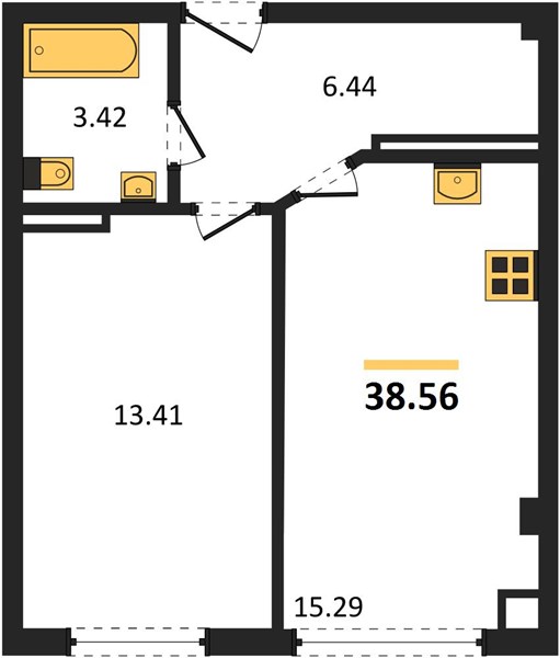1-комнатная, 38,56 м² — планировка
