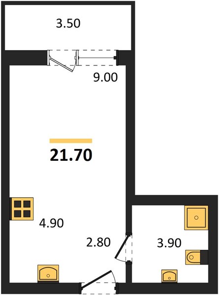Студия, 21,7 м² — планировка