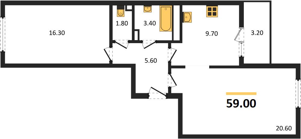 2-комнатная, 59 м² — планировка