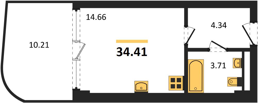 1-комнатная, 34,41 м² — планировка