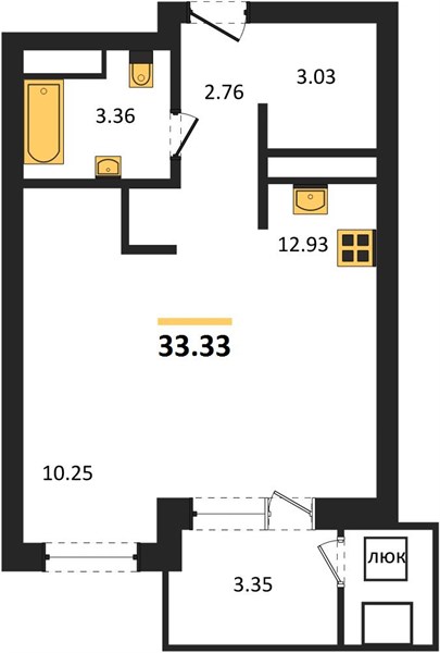 Студия, 33,33 м² — планировка