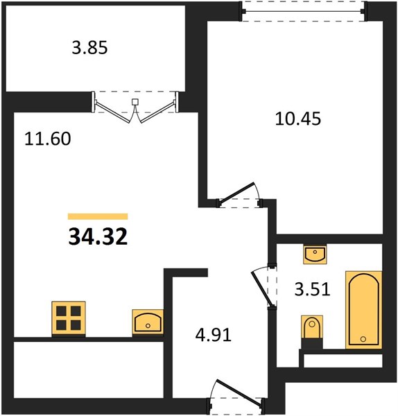 1-комнатная, 34,32 м² — планировка