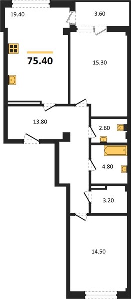 2-комнатная, 74,3 м² — планировка