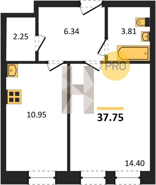 1-комнатная 37.8 м2 в ЖК Арден на Ключевом корпус null этаж 1