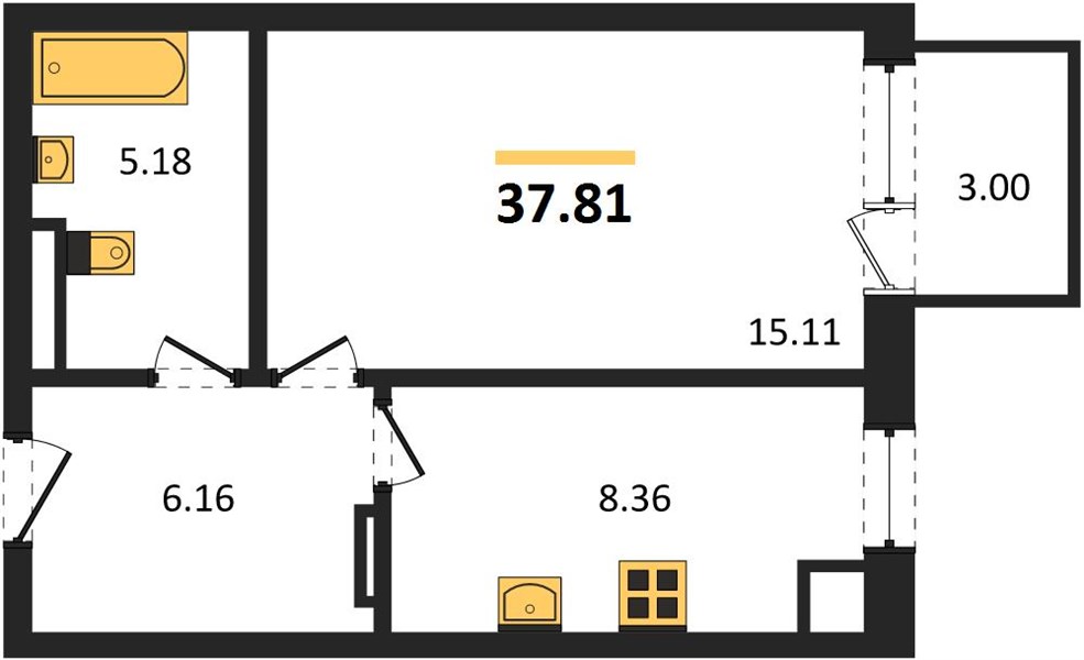 1-комнатная, 37,9 м² — планировка