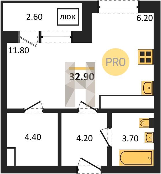 1-комнатная 32.9 м2 в ЖК Новый город 1 микрорайон дом 5 корпус null этаж 9