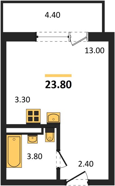 Студия, 23,8 м² — планировка