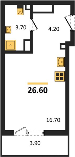 1-комнатная, 26,6 м² — планировка