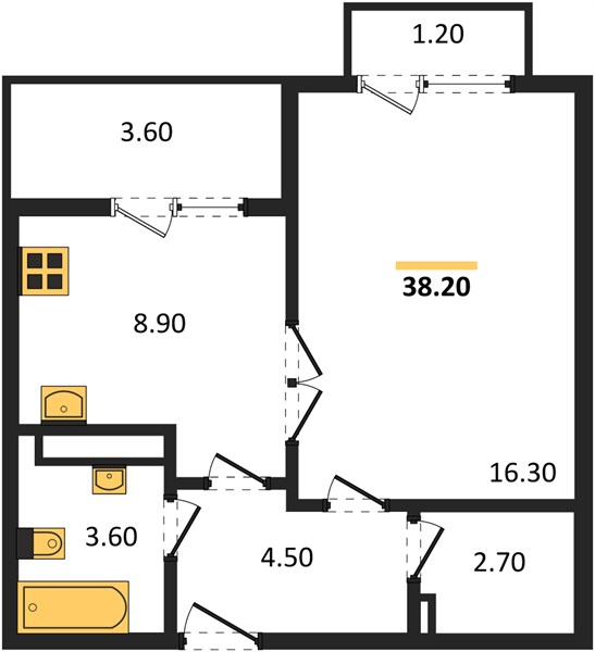 1-комнатная, 38,2 м² — планировка