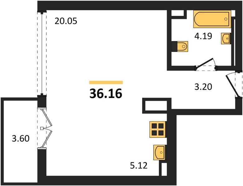Студия, 36,16 м² — планировка