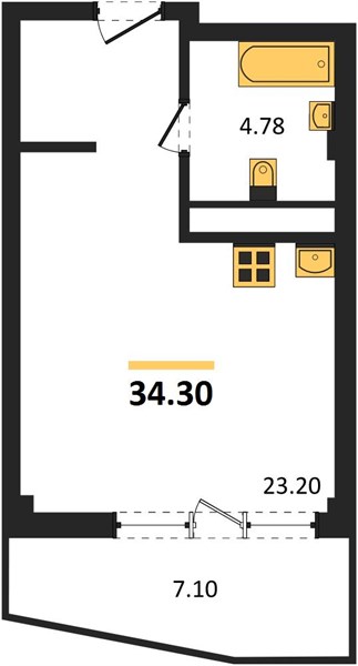 1-комнатная, 34,3 м² — планировка
