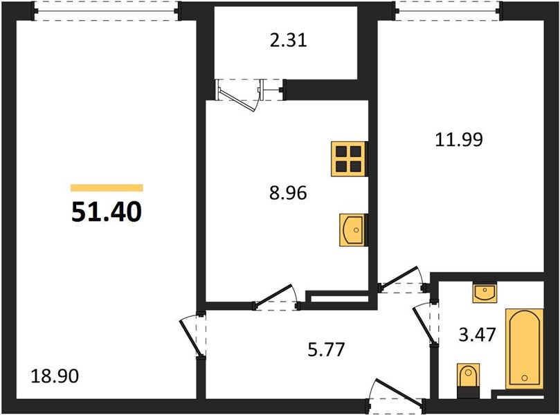 2-комнатная, 51,4 м² — планировка