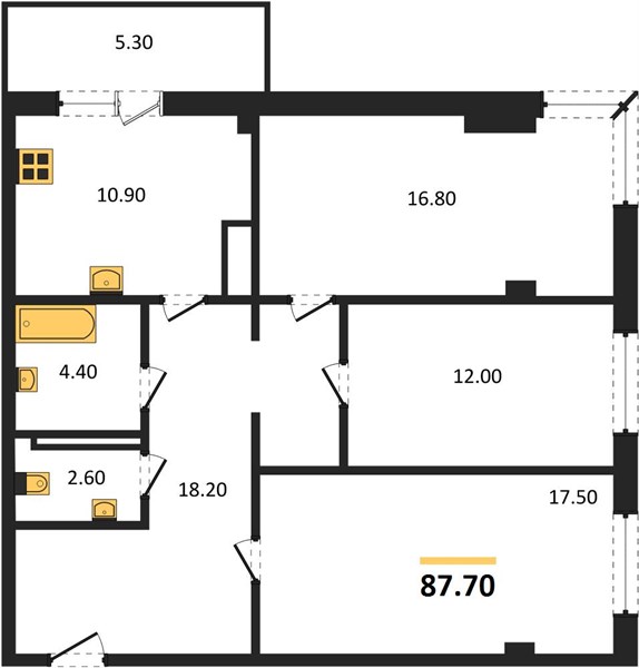 3-комнатная, 87,7 м² — планировка