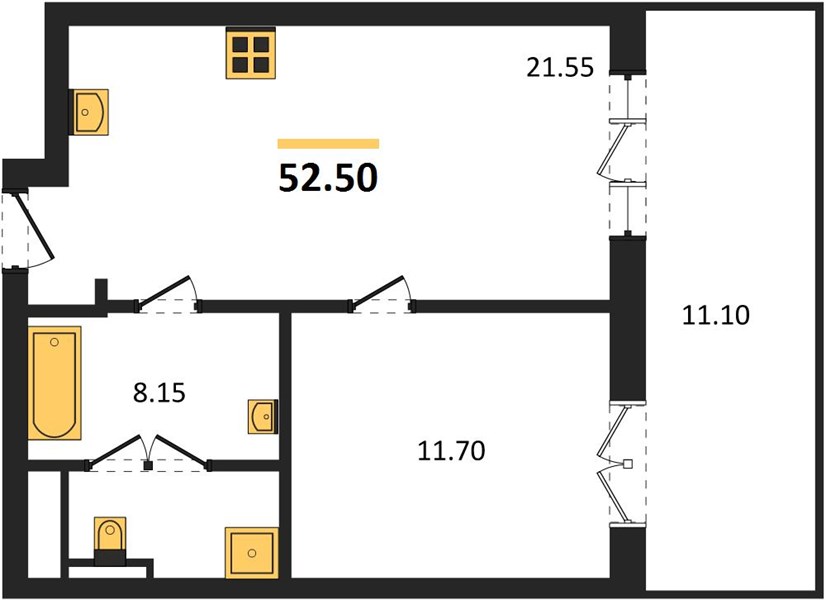 1-комнатная, 52,5 м² — планировка