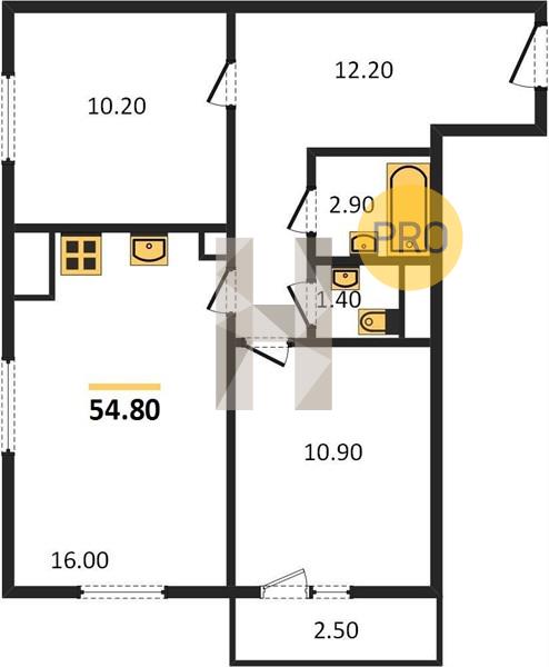 2-комнатная 54.8 м2 в ЖК ЖК «Меридиан» корпус null этаж 16