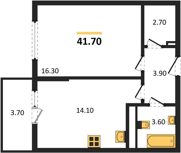 1-комнатная, 41,7 м² — планировка