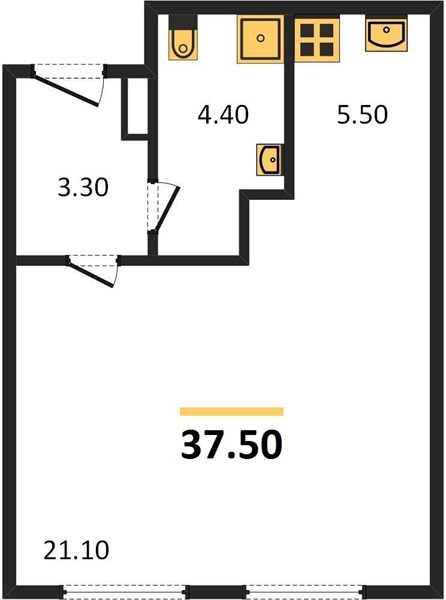 1-комнатная, 37,5 м² — планировка